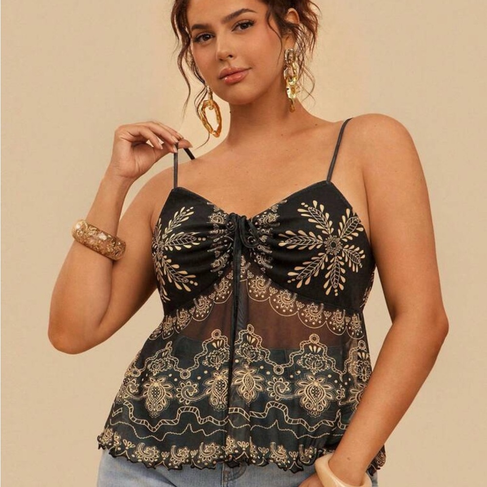 Black And Gold Patterned Spaghetti Strap Top - image 3